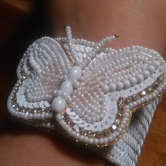 Handcrafted White Seed Bead And White Crystal Butterfly Cuff Bracelet - Picture 11 of 12